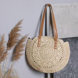 Storage Bags Round Straw Bag Vintage Handwoven Beach Shoulder Bohemian Summer Vacation Casual For Woman Girl Handbag