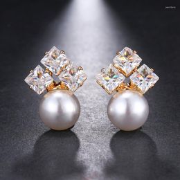 Stud Earrings Elegant Classic Wedding Jewelry For Women Simulated Pearl Cubic Zirconia 2023 Trendy Female Zircon Earring