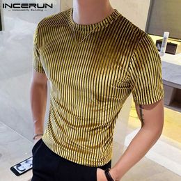 Men's T-Shirts Men Casual T Shirt Velour Round Neck Short Sleeve Solid Color Streetwear Men Clothing Pleated Fashion Camisetas 3XL INCERUN 230506