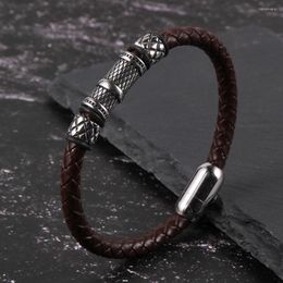 Charm Bracelets Leather Bracelet For Men Vintage Black Brown Braided Genuine Wristband Stainless Steel Charms Cuff