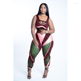 Women's Two Piece Pants 2023 Style Contrast Colour Summer Tracksuit Women Set Clothes Vest Crop Top Trousers Fitness Workout