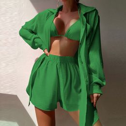 Women's Swimwear Fashion Long Sleeve Lapel Button Shirt and Shorts Set Casual Solid 2 Piece Loose Beach Swimsuit Sun Protection Suits 230505