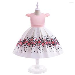 Girl Dresses 2023 Spring Summer KidsToddler Pink Flower Girls Satin Print Knee-length Dress For Birthday Ceremonies Wedding Party 4-7Years