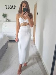 Casual Dresses TRAF Sexy Slip Dress 2022 Fashion Asymmetric Cutout Midi Dress Woman Summer Backless Dress White Black Elegant Party Dresses Z0506