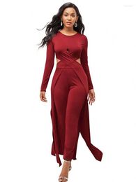 Women's Two Piece Pants Tights Two-piece Set Womens Outfits Hollow Out Long Sleeved Lrregular X-Long Top And Suit Lady Matching Sets Street