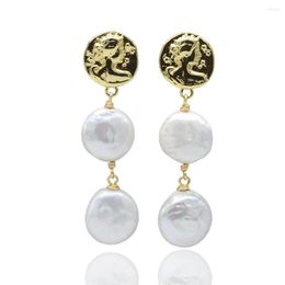 Dangle Earrings Ladies White Natural Freshwater Pearl Silver Coin Shape Baroque Fashion Gold