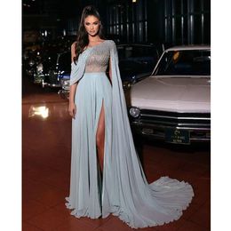 Pale Blue Illuision High Split Dubai Evening Dresses One Shoulder Beading Crystal Ribbons Saudi Arabic prom occasion gown