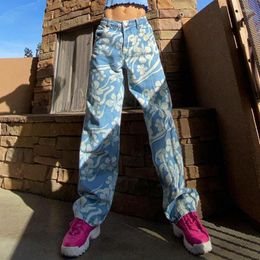 Women's Jeans Y2K Low Waisted Retro Grunge Floral Print Aesthetic Long Trousers Punk Pockets Zip Up Blue Denim Pants Streetwear