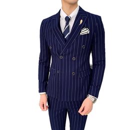 Men's Suits Blazers Jacket Vest Pants High-end Brand Formal Striped Men's Business Suit 3-piece Set Groom Wedding Dress Double Breasted Suit 230506