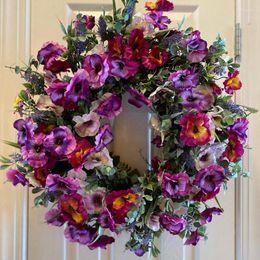 Decorative Flowers Spring Wreath Purple Pansy Flower Front Door Wreaths For All Seasons 40cm/15.74inch Colorful Farmhouse Hanger