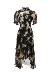 2023 Summer Black Floral Print Panelled Cheongsam Dress Short Sleeve Stand Collar Buttons Midi Casual Dresses D3W031906