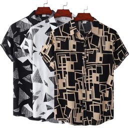 Men's Casual Shirts Men's Plus Size Summer Short Sleeve Shirt Geometric Plaids Pattern Hawaiian Beach Male Shirts Casual Blouse Tops For Men 230506