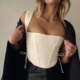 Camisoles Tanks Women Sleeveless Corset Crop Top Sexy Low Cut Square Neck Bustier Tank Vest Side Cutout Crisscross Bandage Fish Boned Camisole 230506