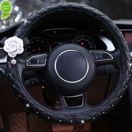 New Universal Camellia Leather Car Steering Wheel Cover Diamond Bling Car Assessoires Interior for Women Girls Car Decoration