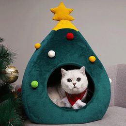 Mats Durable Pet bed Cute Christmas tree shape Cat House Half Closed Christmas Warm Soft Winter Pet Cat Litter good gift for Cat