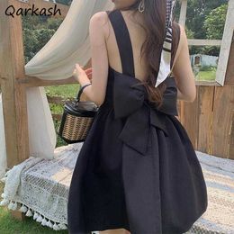 Casual Dresses Dress Women Elegant Retro Simple Black Solid Female Sundress Korean Style Party Holiday Back Bow Decoration Sexy Ladies Leisure Z0506