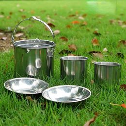 Camp Kitchen 5 Piece Set Stainless Steel Kettle Pan Bowl Camping Cookware Outdoor Hanging Pot Water Cup Set 2-3 People Pot Set Hanging Kettle P230506