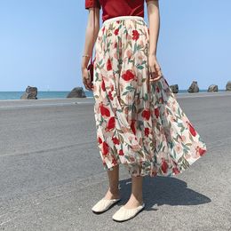 Skirts Floral Chic Summer Skirts Women Vintage Fashion Brand Elastic High Waist Casual Midi Pleated Skirt Woman Clothes 230506