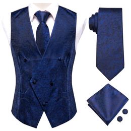 Men's Vests Silk Men's Vests and Tie Business Formal Dresses Slim Vest 4PC Necktie Hanky cufflinks for Suit Blue Paisley Floral Waistcoat 230506