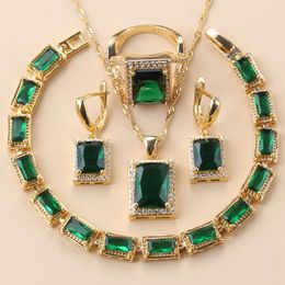 Necklace Earrings Set African Gold Colour Bracelet Bangle 2023 Trendy Green Zircon Clip For Women Christmas Gift