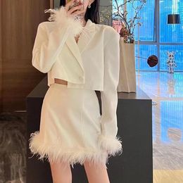 Casual Dresses Women Fashion Ostrich Feather Decorated Set Short Blazer Coat Suit Mini Skirt