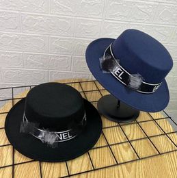 Summer British Style All-Match Letters Flat-Top Cap Female Vintage Top Hat Hepburn Trendy All-Matching Woolen Hat Socialite Hat