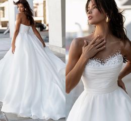 A Line Organza Wedding Dress Sheer Beaded Peal Neck Pleat Bridal Formal Gowns Sweet Train Vestidos De Novia Custom Made