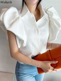 Women's Blouses Shirts Woherb vintage puff sleeve elegant white black shirt all game blouse turn down collar office ladies blouse female casual tops P230506