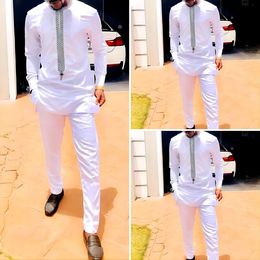 Men's Tracksuits African National Style White Embroidered Long-Sleeved Shirt And Trousers Elegant Generous Men's 2-Piece Banquet Event Suit 230506