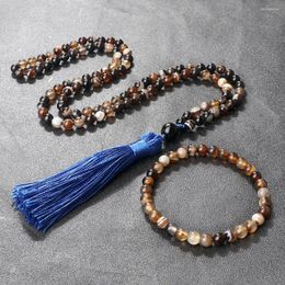 Pendant Necklaces Black Stripe Agates Necklace & Bracelet For Women Men 108 Mala Beads Nature Stone Bracelets Handmade Bohemian Charm
