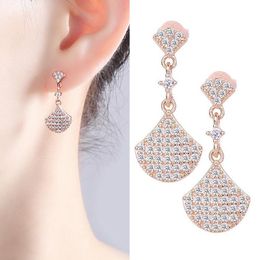 Dangle Earrings & Chandelier Women's Fashion Fan Shape Drop Shiny Micro Crystal Paved Luxury Rose Gold Charm Earring Piercing Stud Jewellery