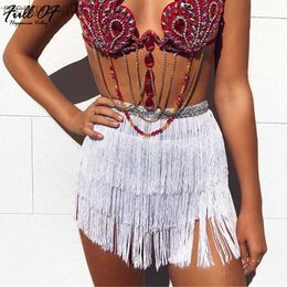 Skirts befree White red black Tassel fringe women skirt Summer style beach short mini skirt sexy party high waist bandage skirt bottom T230506