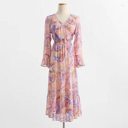 Casual Dresses Korean Chiffon Print Dress Women's 2023 Spring Autumn Retro Fairy Elegant Long V-neck Bell-sleeved A-line