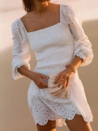 Casual Dresses 2023 Fashion Women Hollow Out Embroidery Elastic White Dress Vintage Long Sleeve Female Super-Short Summer Robe