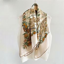 Scarves 110cm Hand Rolled Edge Large Square Shawls French Garden Castle Print Mulberry Silk Scarf For Ladies Headband