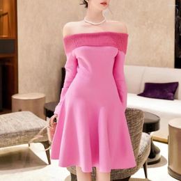 Casual Dresses Women Off Shoulder Mini Dress Slash Collar Sexy Pink Knitting