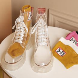 Rain Boots Transparent Platform Fashion Women Waterproof Ankle Feminine Clear Heel Short Sexy Female Shoes 230505