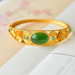 Bangle Silver Plated Gold Inlaid Retro Jasper Ancient Court Original Bracelet Pure Style Elegant Hetian Jade