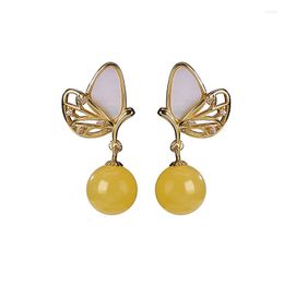 Stud Earrings 925 Sterling Silver Gold Plated Natural Amber Ear Studs Personality Butterfly Simple Round Beads Temperament Female Eardrops