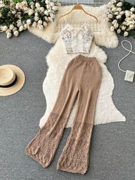 Suits SINGREINY Knit Two Piece Sets Women Summer Lace Backless Zipper Camisole Elastic Waist Long Pants Fashion 2023 Vacation Suits