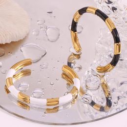 Bangle Waterproof Chunky Thick Statement Enamel Black White Strip Cuff Bangles Bracelets For Women Gold Plated Stainless Steel