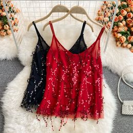 Camisoles Tanks Summer Sexy V-neck Sparkle Vest Top Girl Fashion Club Loose Spaghetti Strap Camisole Women Sexy Sequins Slip 230506