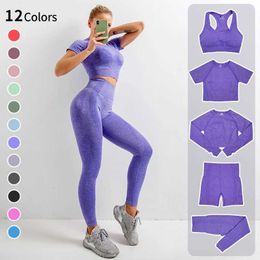 Women's Tracksuits 2/5Pcs Seamless Yoga Suit Women's Fitness High Waist Tight Sportswear Gym Sportswear Long Sleeve Top Tight Yoga Suit P230506