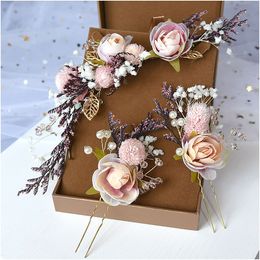 Headwear Hair Accessories Fairy Bride Mori Headdress Dry Flower Lace Princess Sticks Headband Set Korean Bridal Wedding Party Jewellery 230505