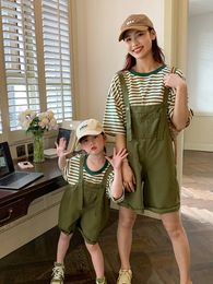 Family Matching Outfits Parent-child Striped Short-sleeved Overalls Two-piece Korean Version Mother-daughter Girl's Denim Suit 4-6y 230506