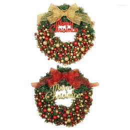 Decorative Flowers Christmas Artificial Wreath Front Door Pine Needle Red Gold Garland With Bow Tie