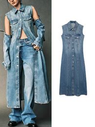 Casual Dresses Blue Denim Sleeveless Pockets Long Dresses Female Turndown Collar Single Breasted Dress 2023 Summer Chic Casual Street Dress Z0506