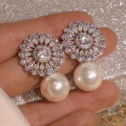 Stud Earrings Exquisite Flower Zircon Pearl For Women Shine Holiday Party Elegant Luxury Wedding Earring