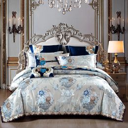 Bedding sets Silver Golden color King Queen Size Bed set Satin Jacquard Cotton Luxury Royal Bedding Set Bed Sheet set Duvet cover Bedlinens 230506