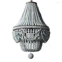 Pendant Lamps France Wood Bead Chandelier Lights Grey Blue Finishing Retro Vintage Antique Rustic Kitchen Ceiling Lamp Light Fixtures